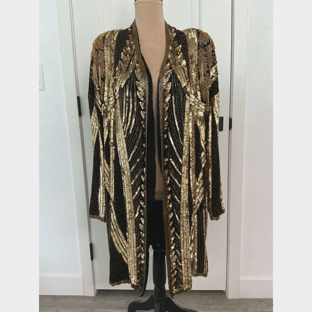 Glitzy Rags Black Gold Beaded Sequin Long Duster Jacket Stagewear - One Size